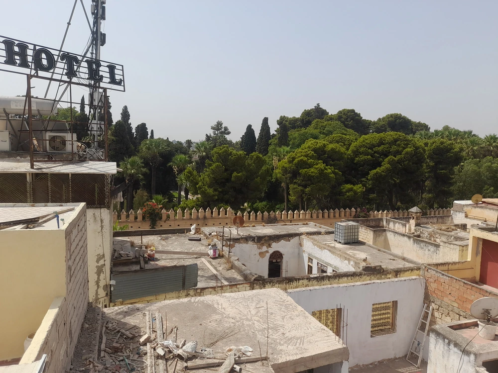 View from the roof across Fes Jdid rooftops toward Jnan Sbil