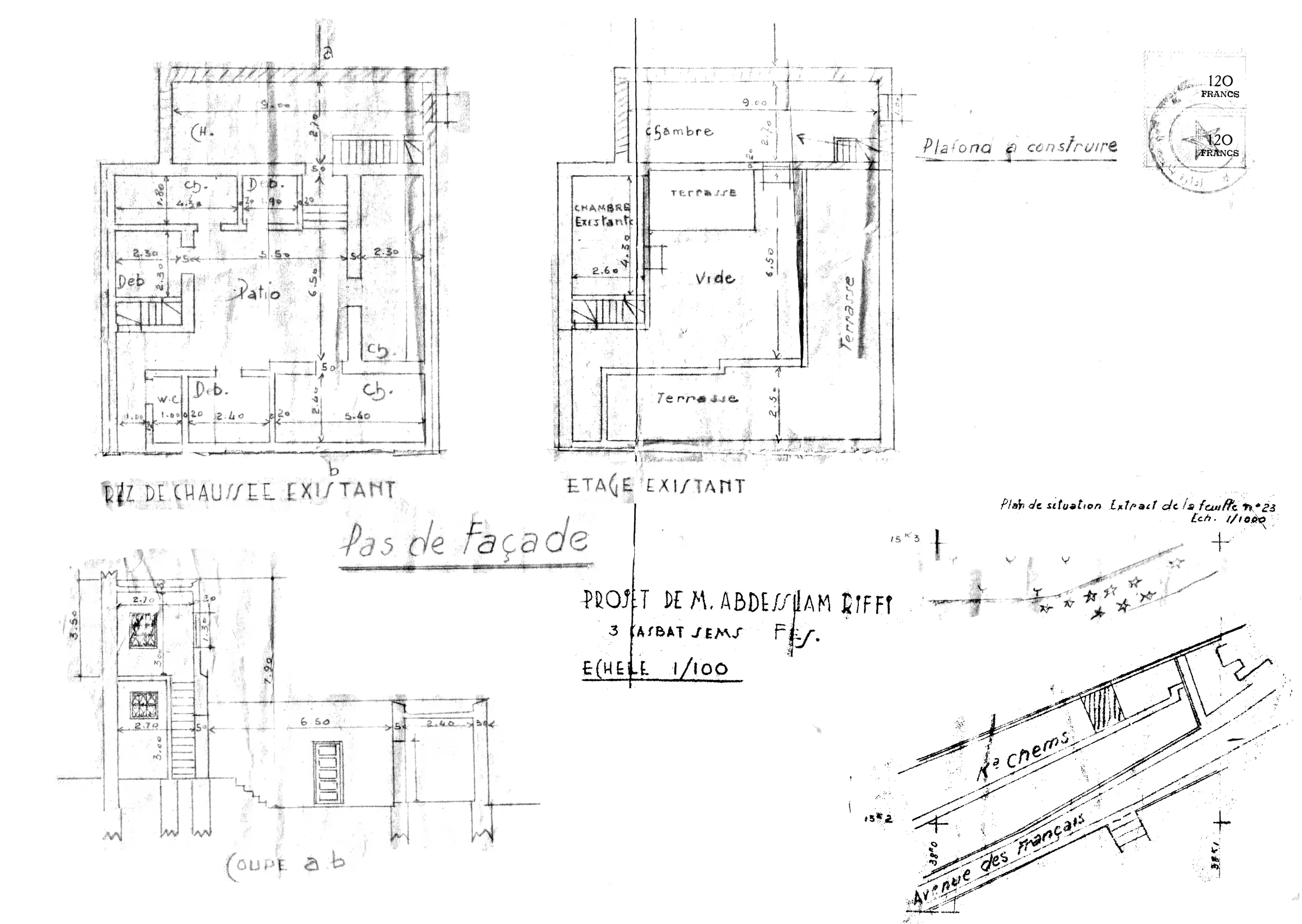 Original hand-drawn architect's plan for the riad at 3 Kasbah Chems, Fès, showing the existing ground floor, existing first floor, section, and site plan